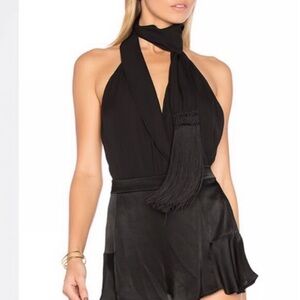 Haute Hippie Black Backless Silk Plunge Drapped Surplice Wrap Halter Bodysuit
